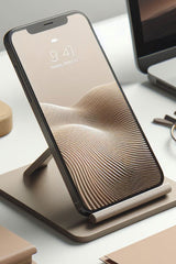 Minimalist smartphone stand shown close-up, angled support holding a phone upright