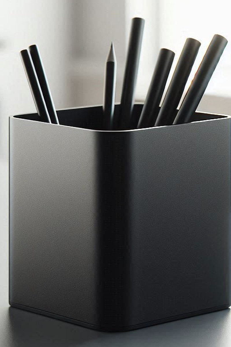 Minimalist pencil holder with clean cylindrical form, close-up view