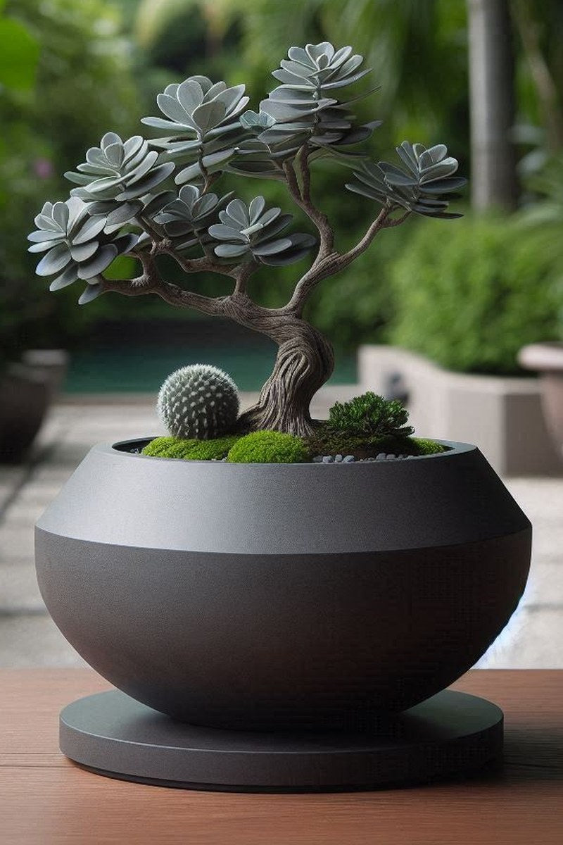 Close-up of modern bonsai pot showing clean rim and subtle curves