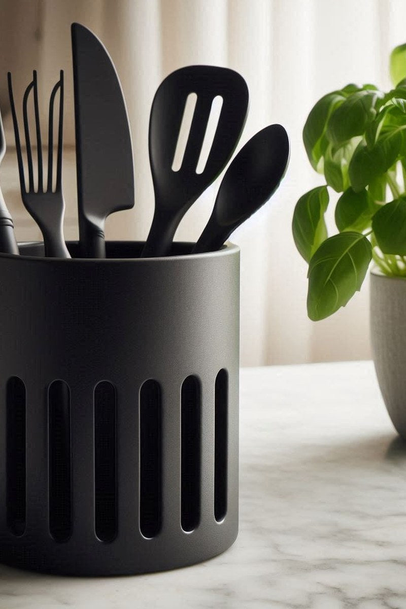 Minimalist kitchen utensil holder with wooden spoon and cooking tools inside