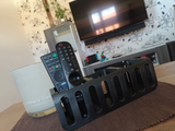 Remote control holder styled on a living room side table next to a plant