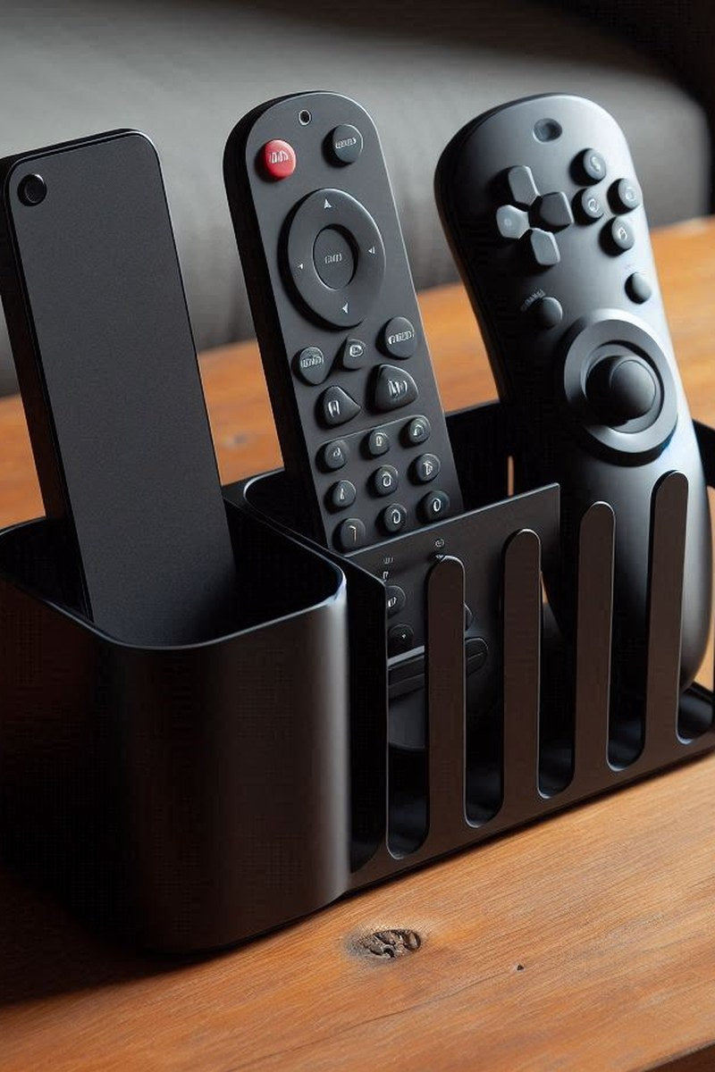 Minimalist remote control holder with clean angled walls, close-up view