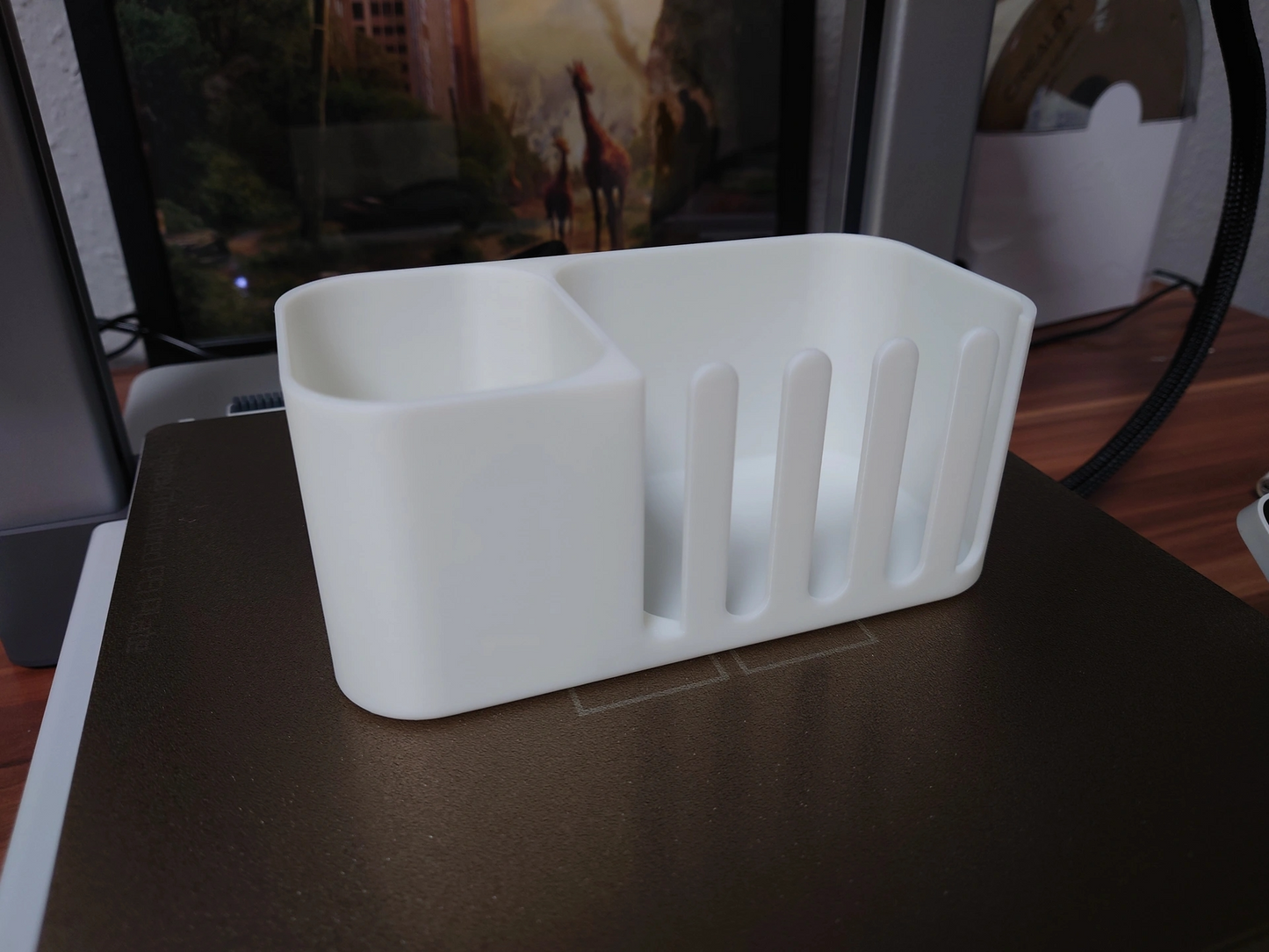 Remote control holder on a wooden side table in a living room setting