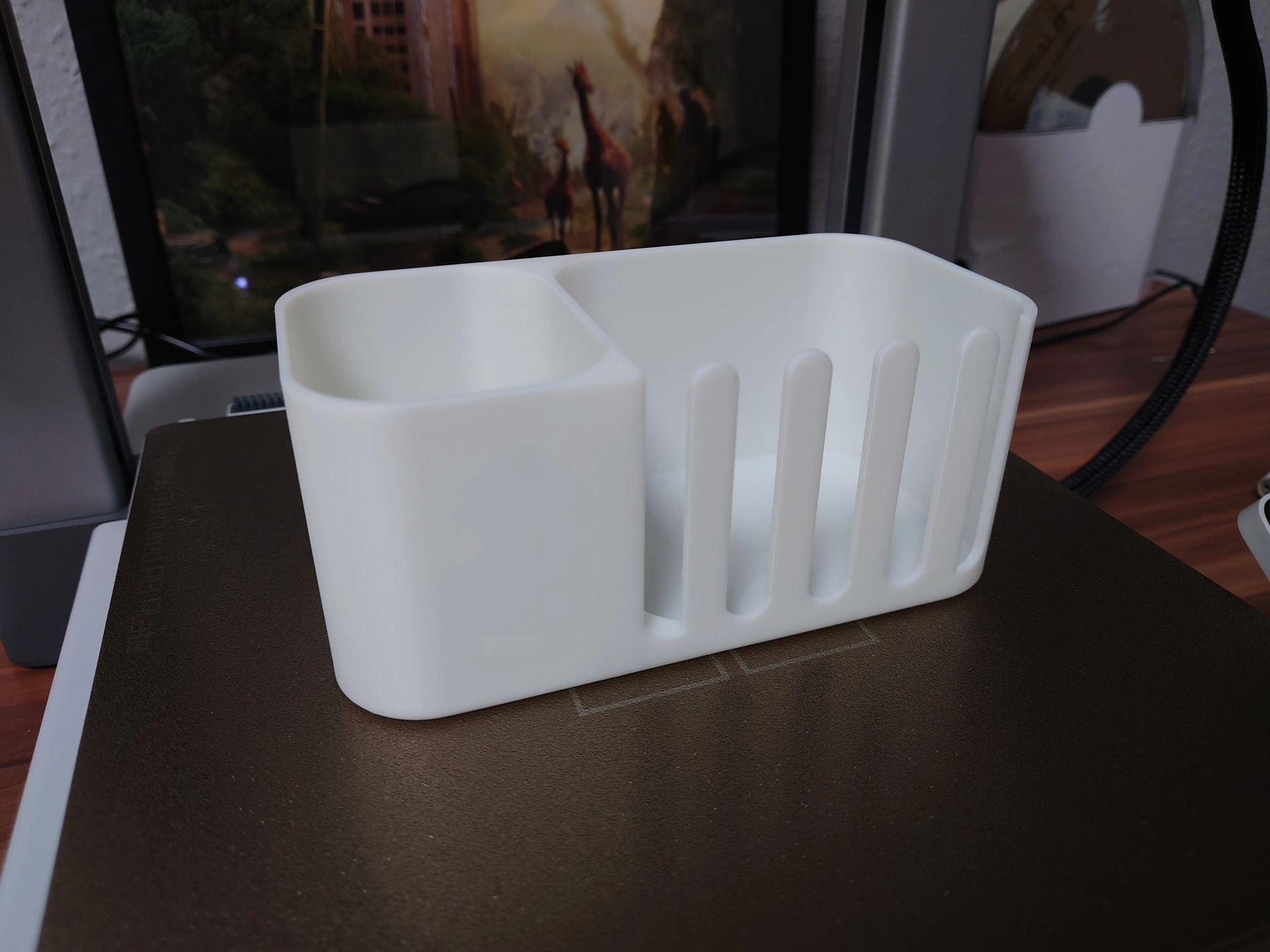 Remote control holder on a wooden side table in a living room setting