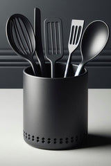 Minimalist kitchen utensil holder in matte finish, front-facing close-up