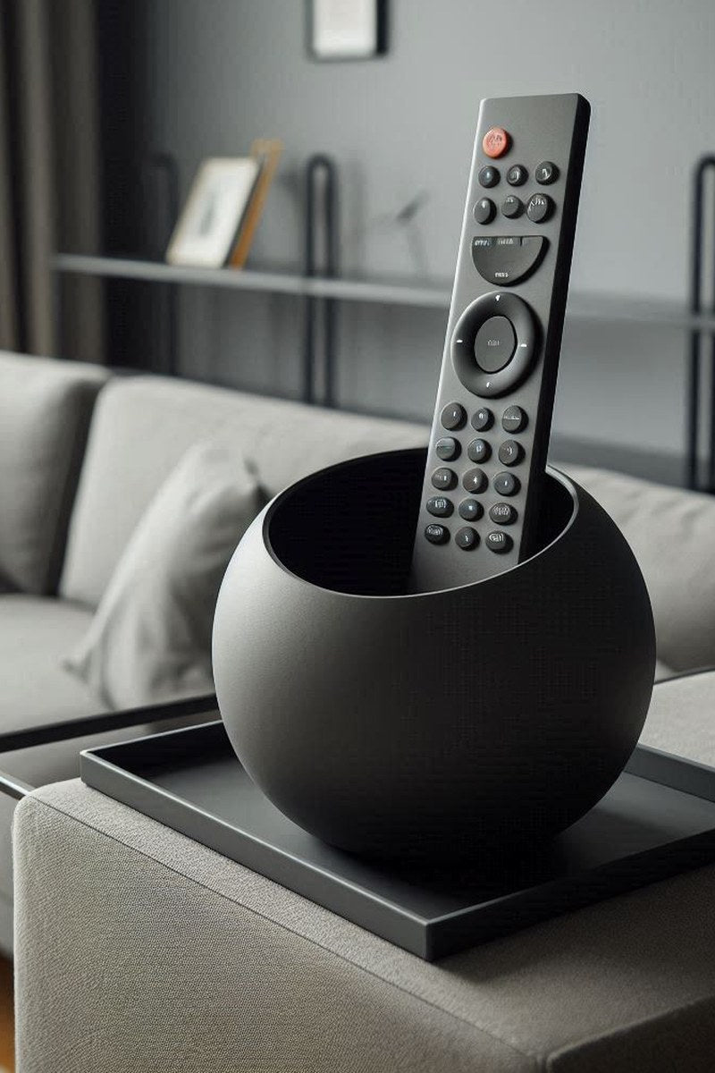 Close-up of The Ball remote control holder showing its rounded form and interior cavity