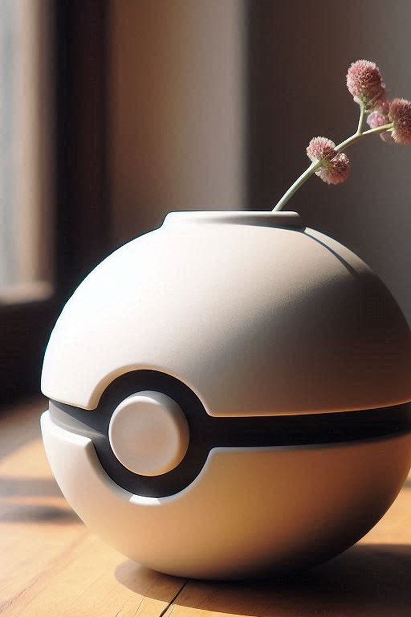 Red and white pokeball vase shown close-up, displaying the circular geometric design