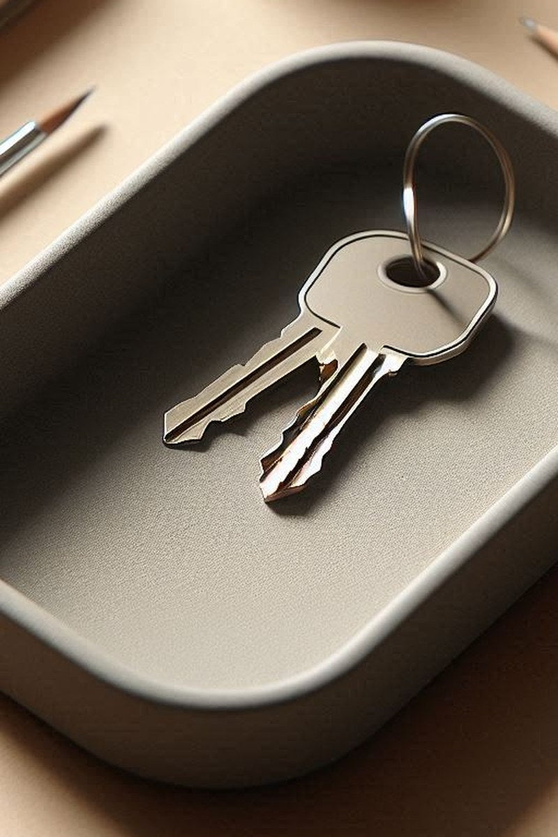 Modern key tray in soft neutral tone, close-up of smooth surface