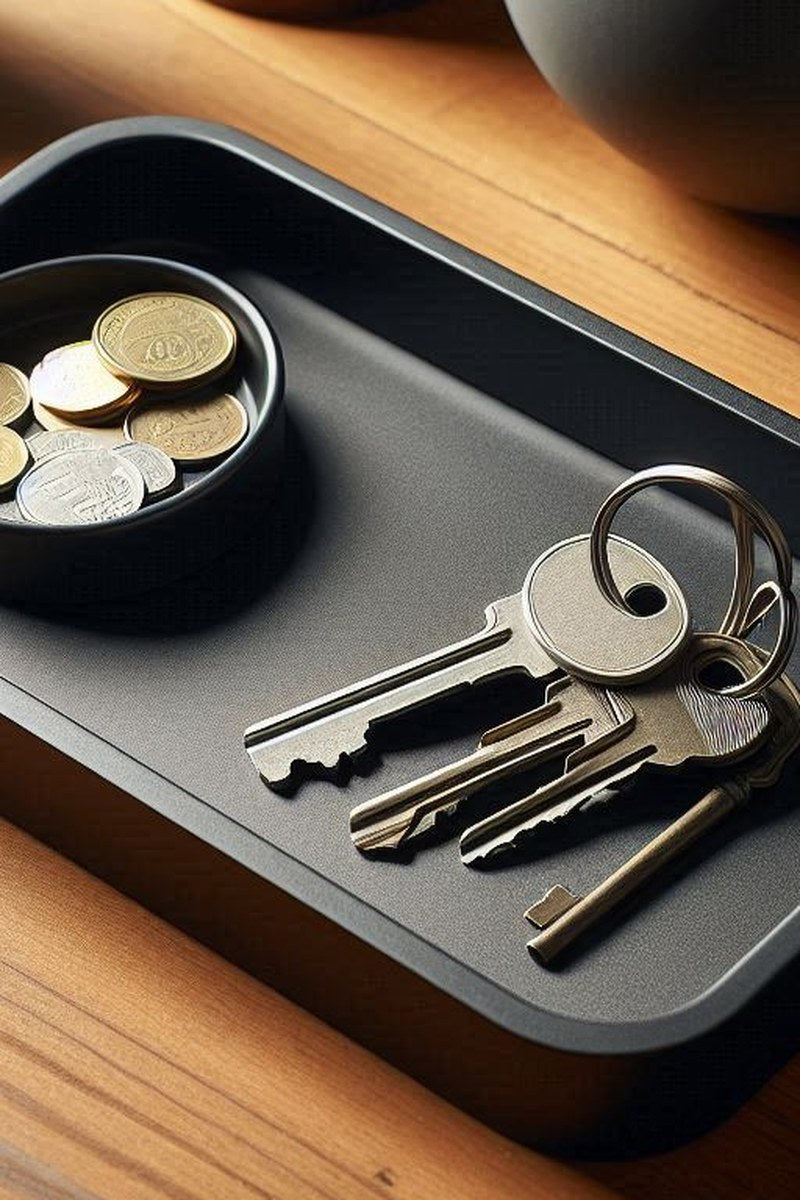 Minimalist key tray with integrated coin bowl, aerial view showing compartments