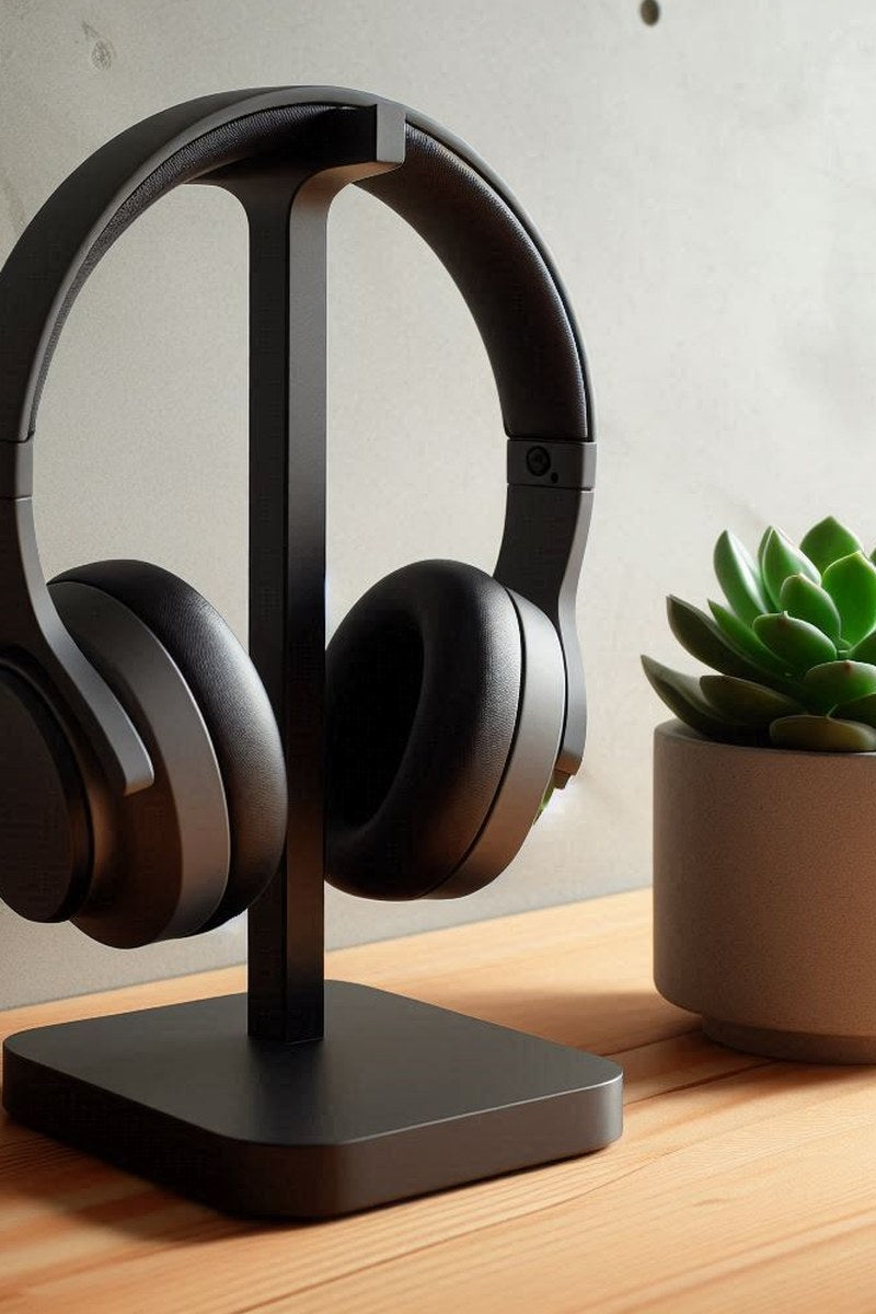Minimalist black headphone stand with curved support arm, close-up view