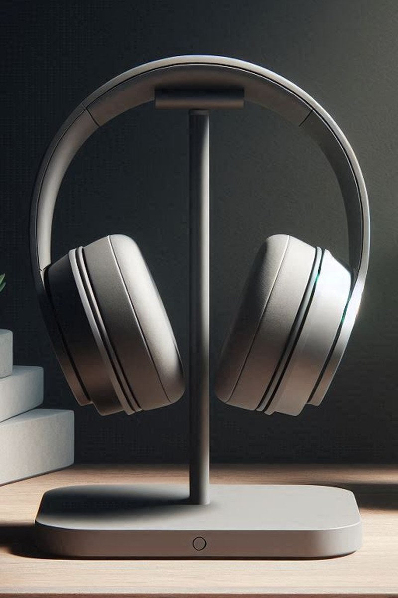 Minimalist headphone stand with clean curved arm and compact base