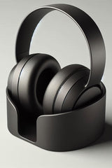 Minimalist headphone stand in white, close-up view showing cradle and base