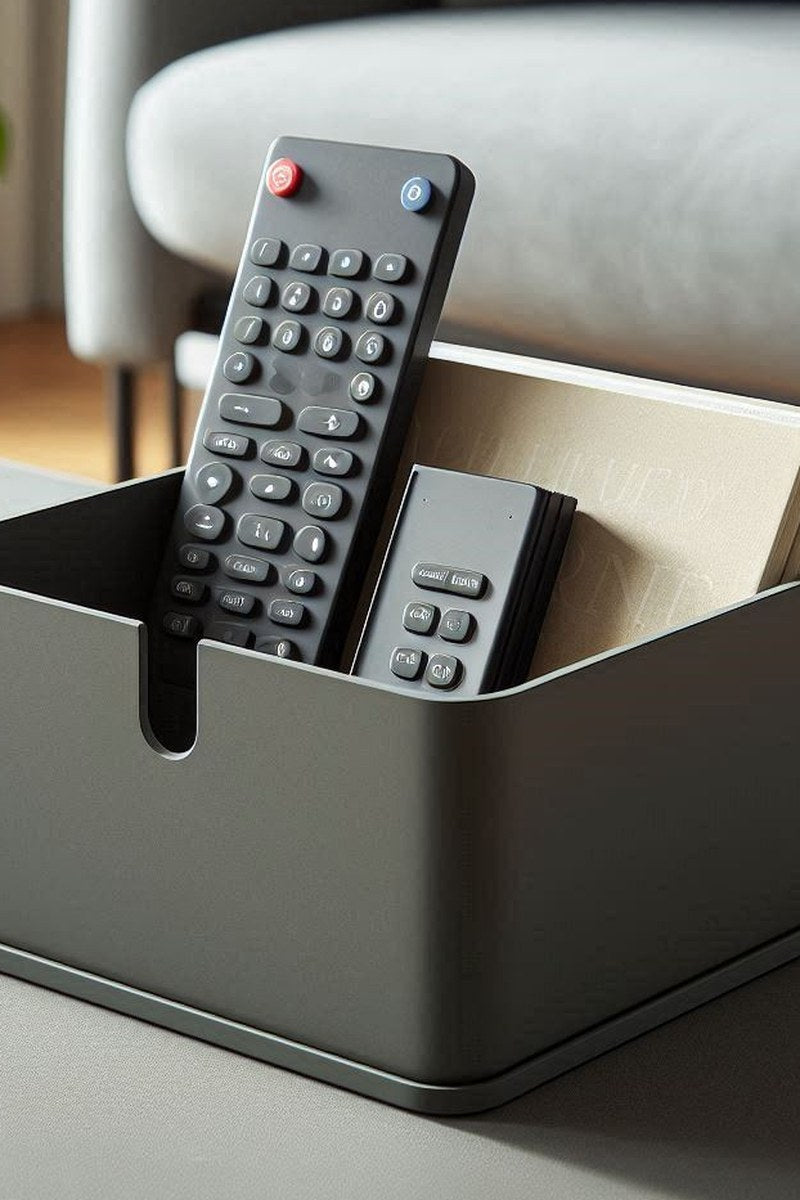 Square remote control holder in neutral tone, close-up view showing clean interior