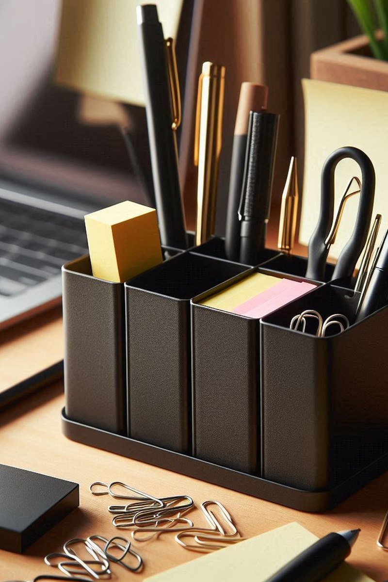 Close-up of modular desk organizer with compartments for pens and pencils