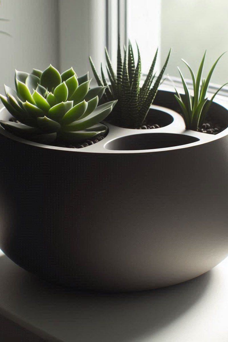 Close-up of white self-watering planter showing round shape and drainage detail