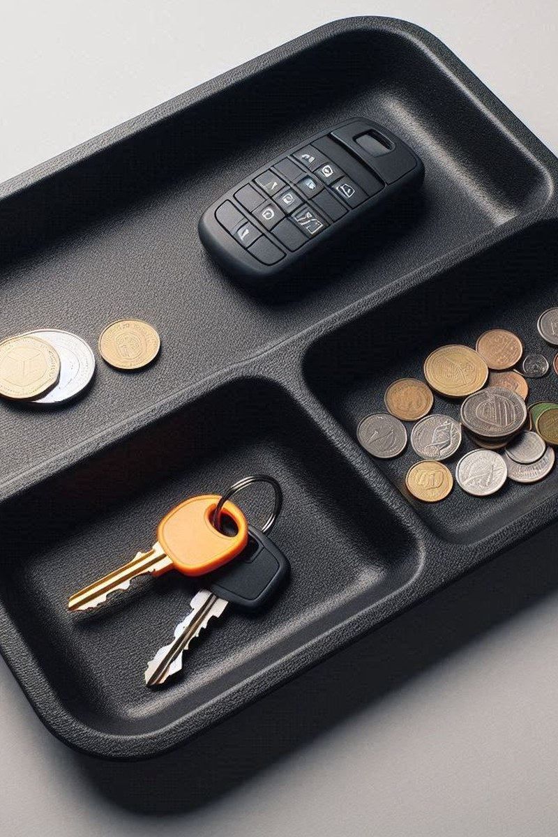 Modern key and coin tray with angular compartments, close-up view