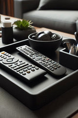 Minimalist remote control holder tray with two shallow bowls, top view