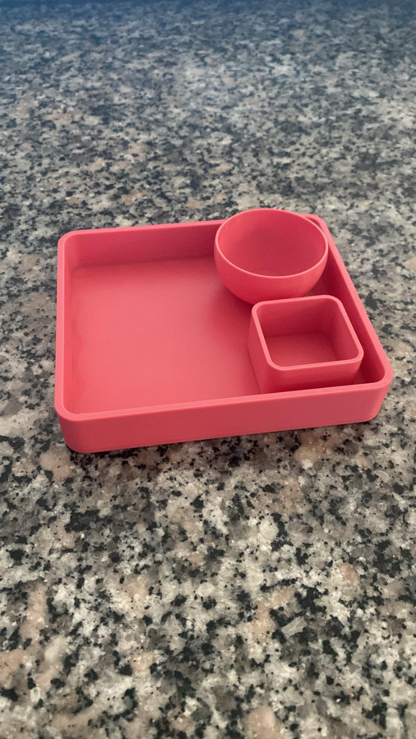 Minimalist remote control holder tray with two shallow bowls, top view