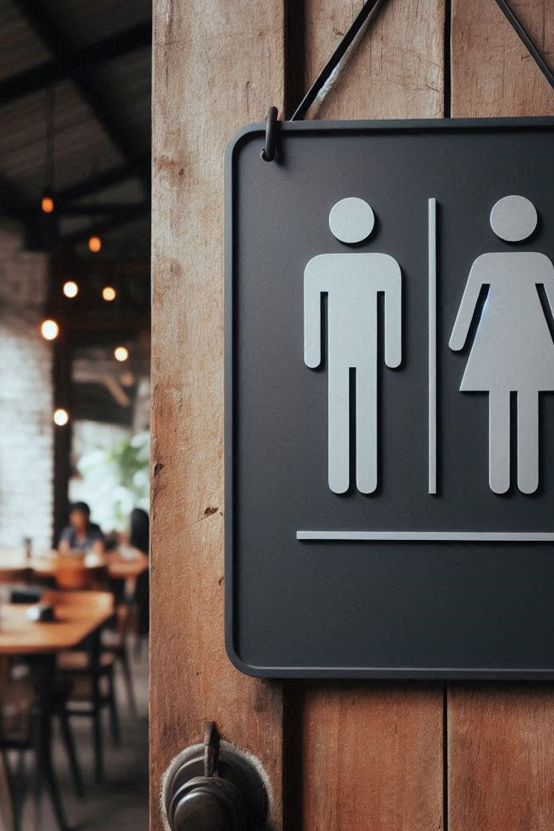 Minimalist toilet door sign with clean lettering, close-up view