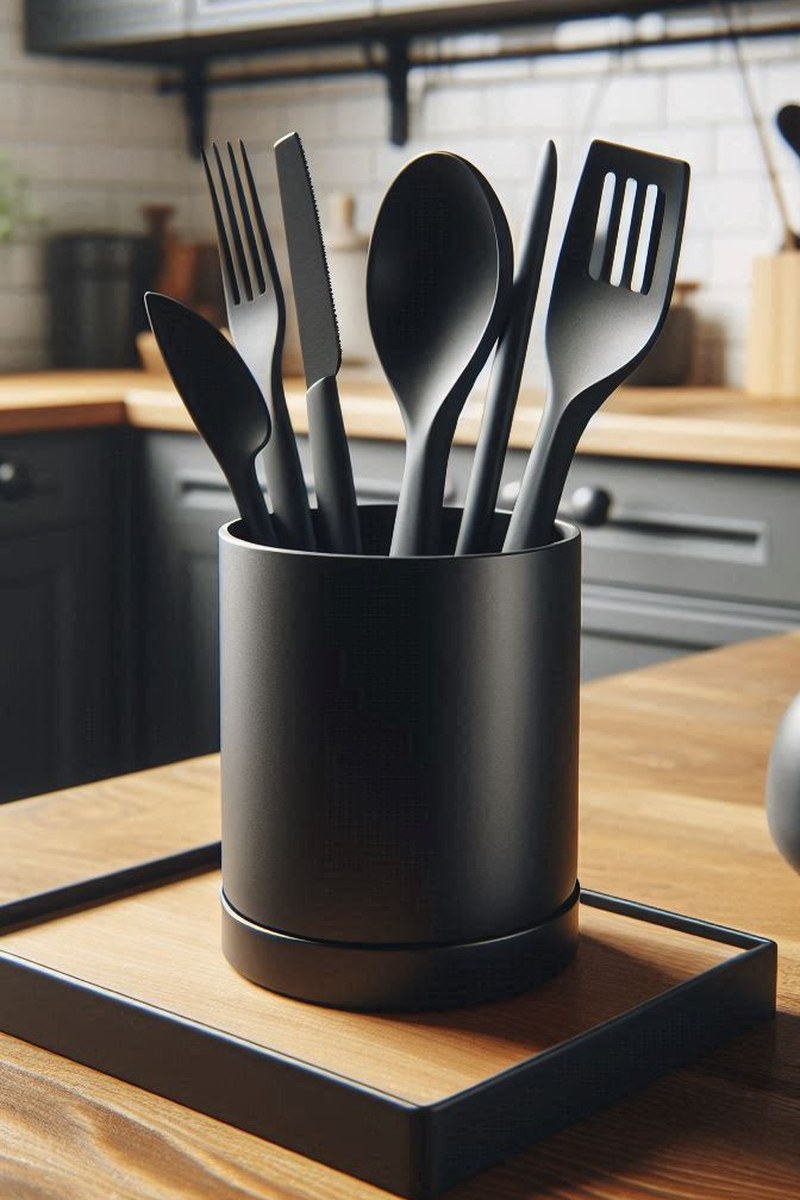 Minimalist kitchen utensil holder with clean geometric design, front view