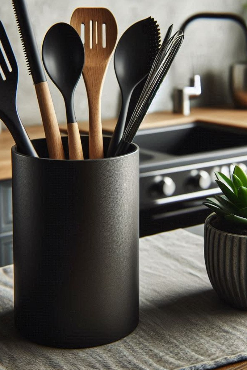 Round kitchen utensil holder close-up, showing smooth cylindrical form