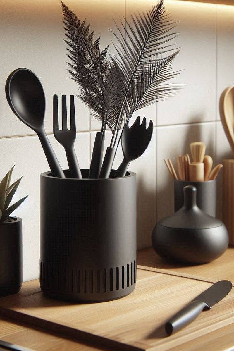 Minimalist utensil holder with clean geometric form, close-up detail