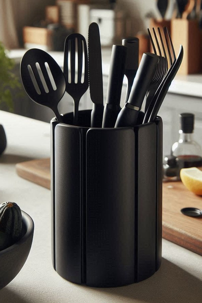 Close-up of minimalist kitchen utensil holder with 8 separate compartments