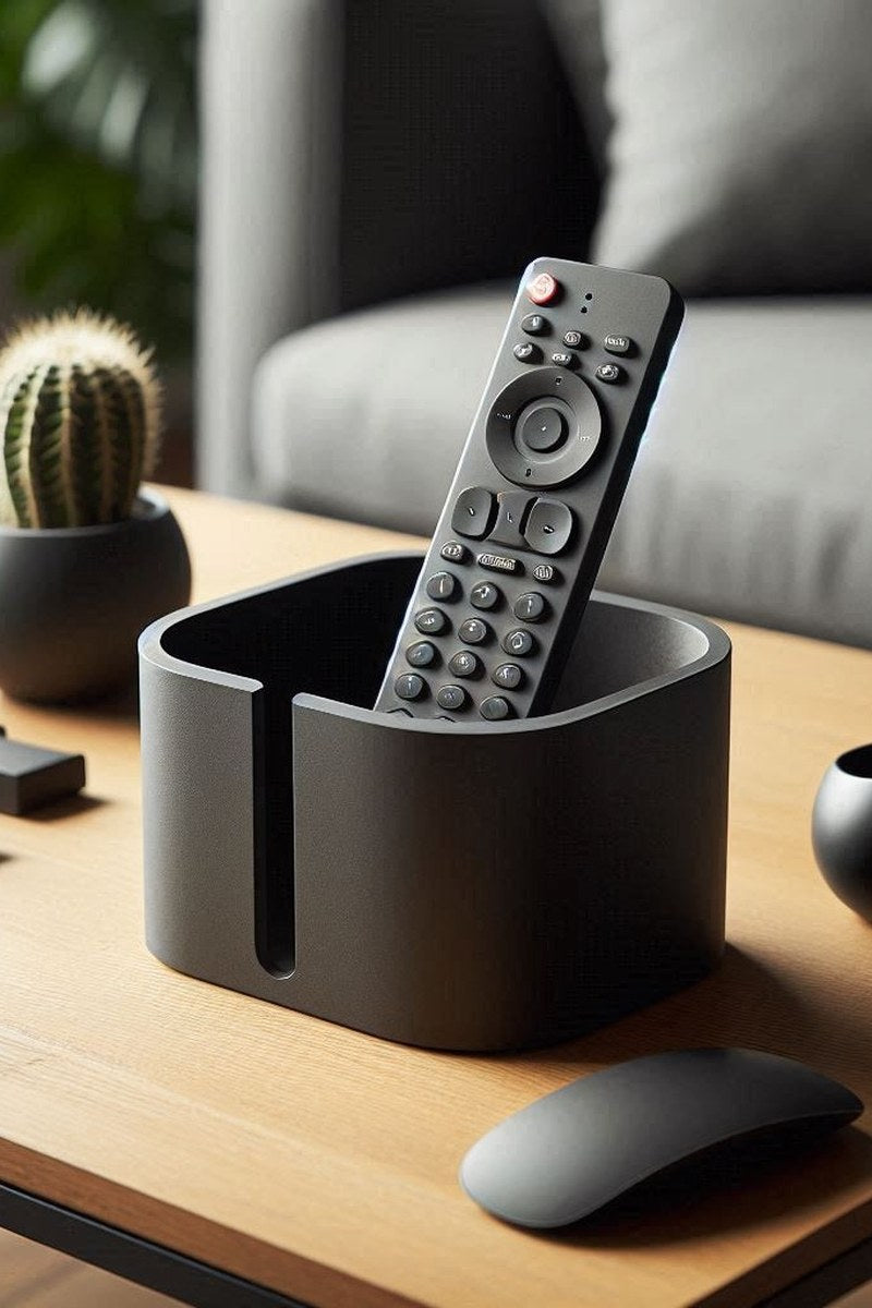 Modern remote control holder in white, close-up view showing clean geometry