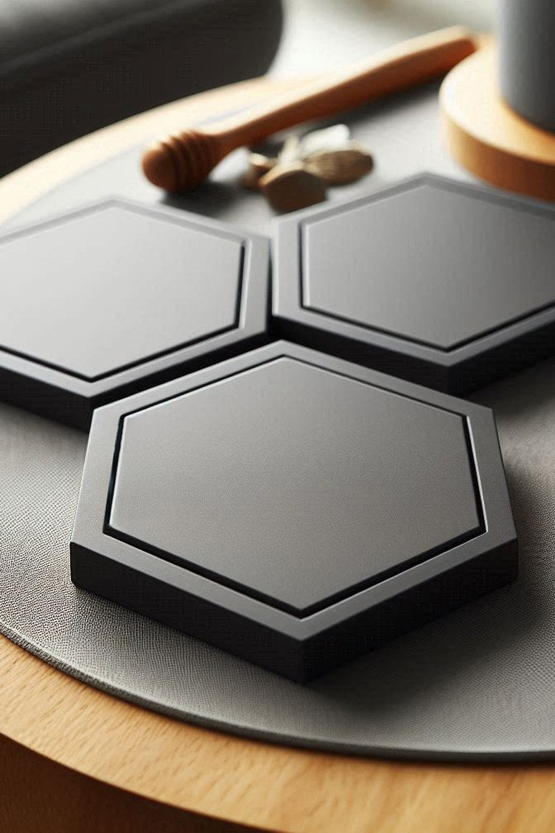 Hexagonal coaster photographed from above, showing geometric shape and flat surface