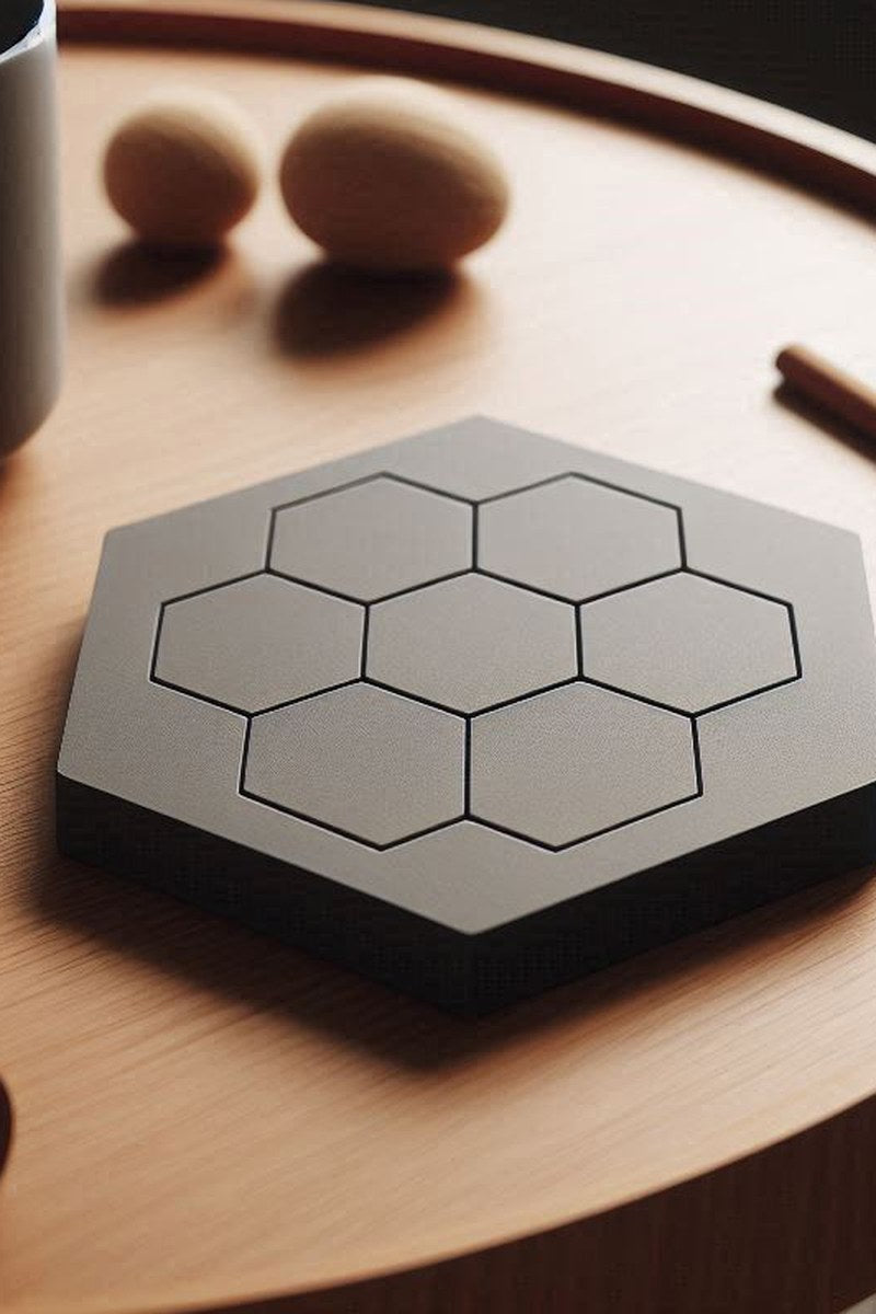 Four hexagonal minimalist coasters arranged in a group, clean geometric form