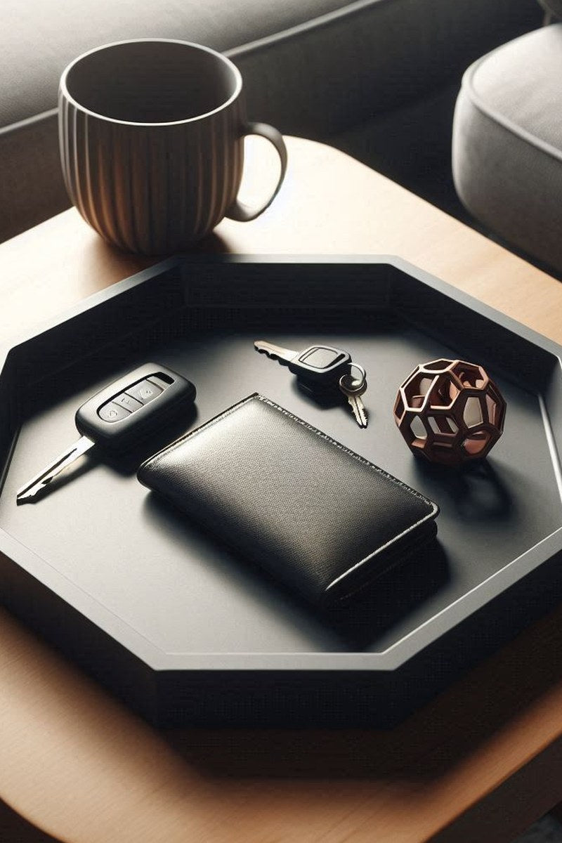 Close-up of octagonal key tray with clean geometric edges