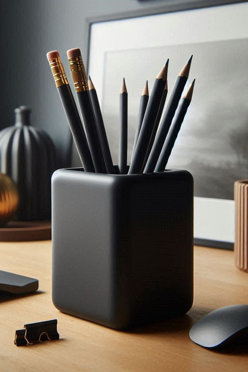 Close-up of rounded minimalist pencil holder with soft edges