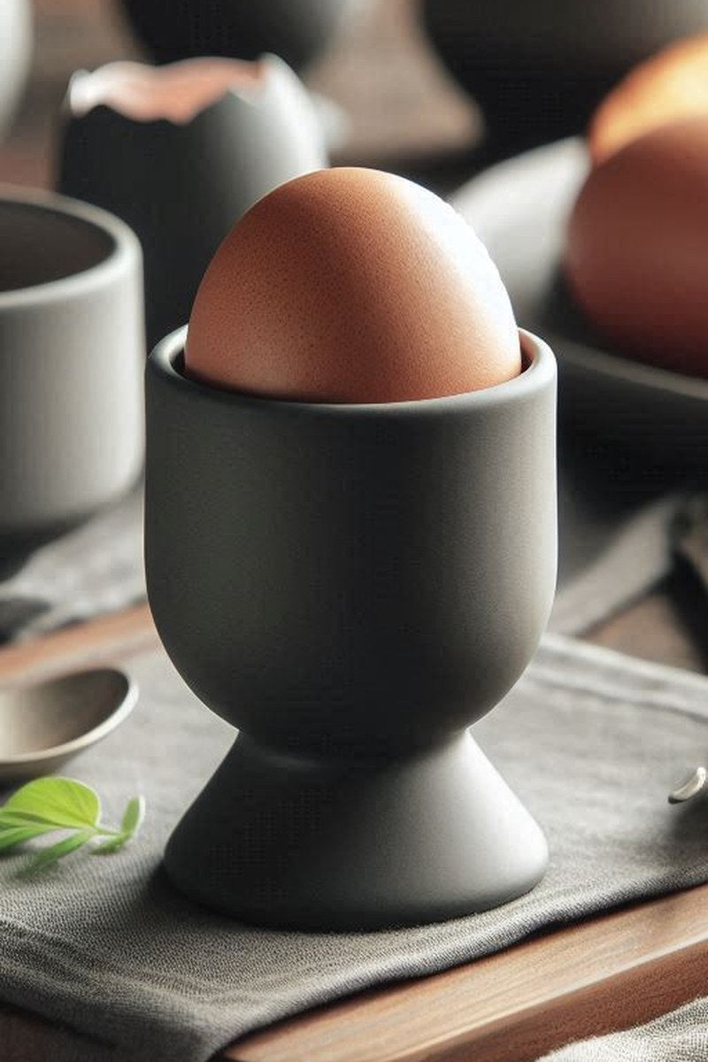 Close-up of modern egg cup showing refined geometric form and smooth surface
