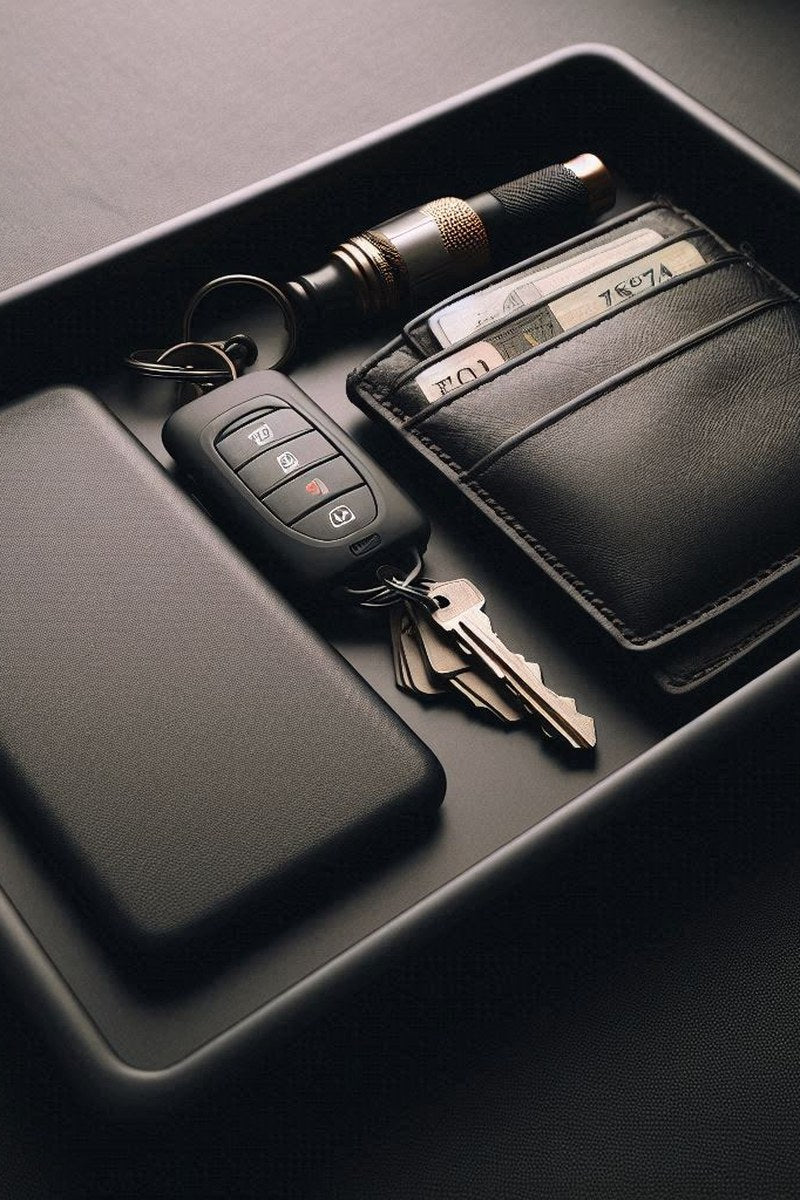 Minimalist key tray with recessed edges, holding keys and coins