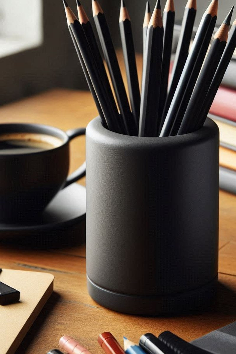 Round pencil holder with clean cylindrical form, shown from above with various pens inside