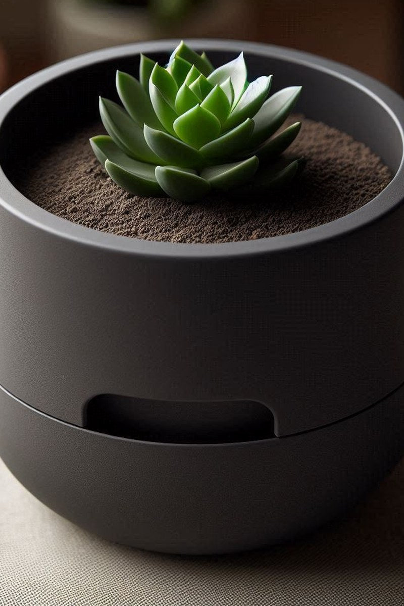 Minimalist self watering succulent planter with geometric form, close-up view