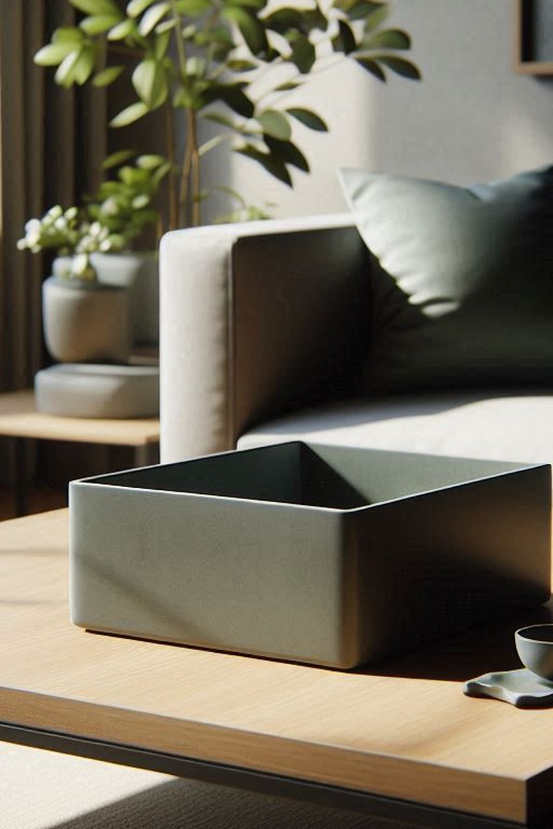 Close-up of minimalist square bowl showing clean geometric edges and matte finish