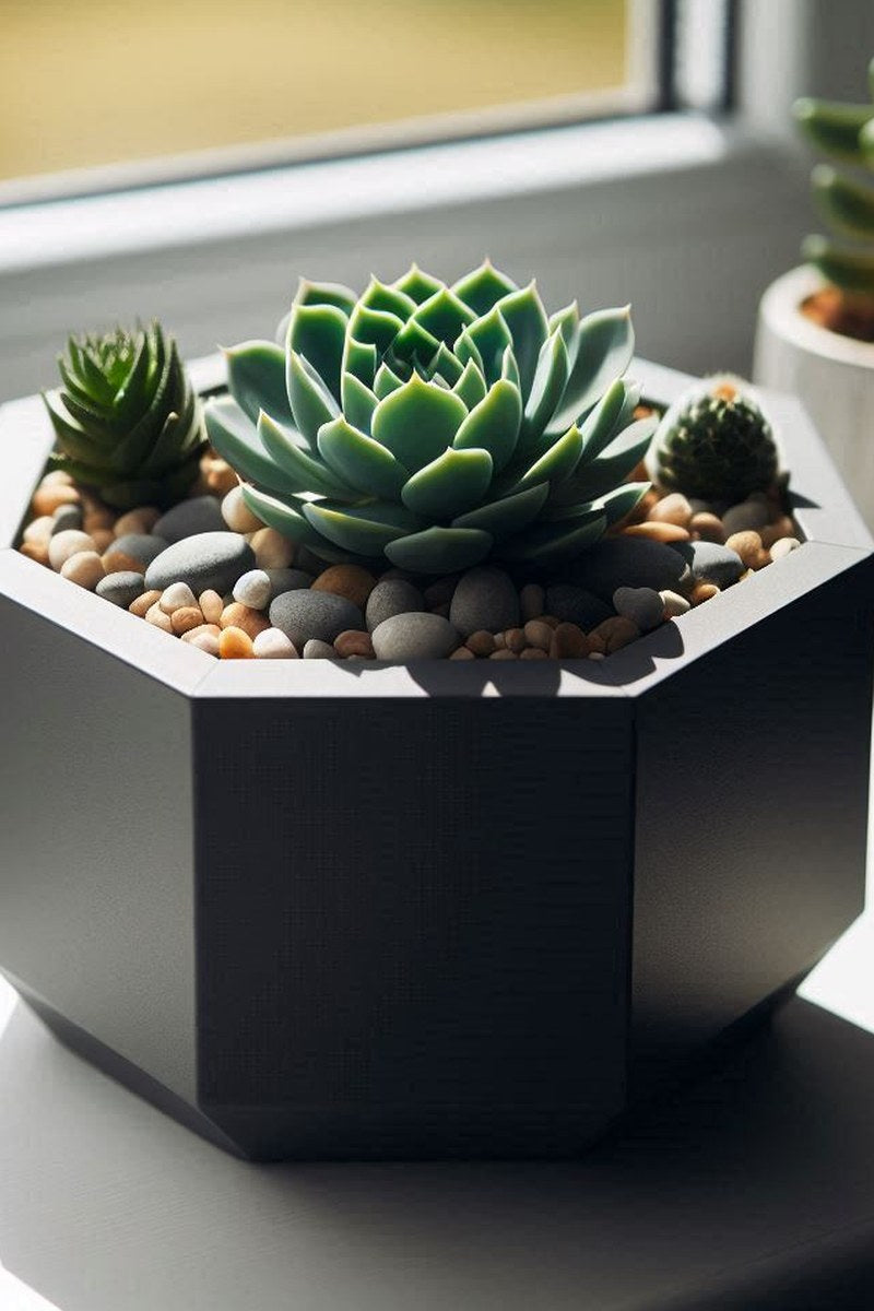 Close-up of octagonal succulent planter showing geometric form and smooth surface