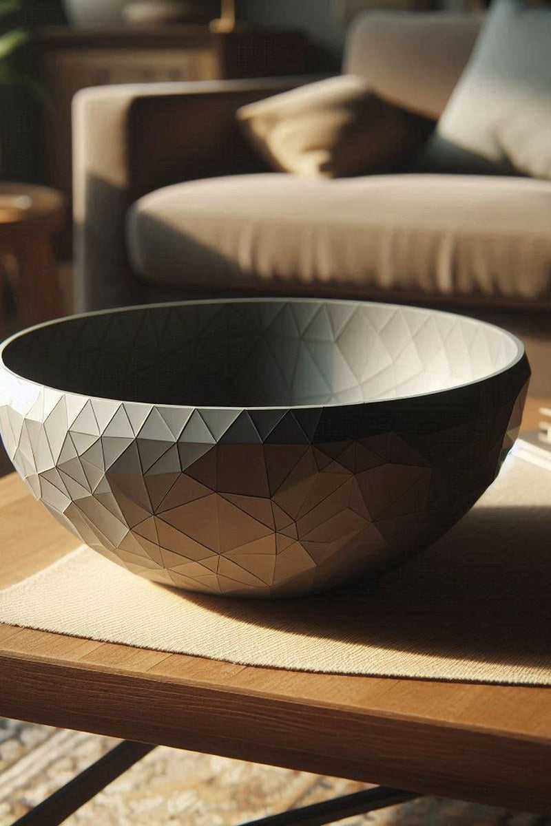 Close-up of low poly bowl showing geometric facets and light-catching triangular surface