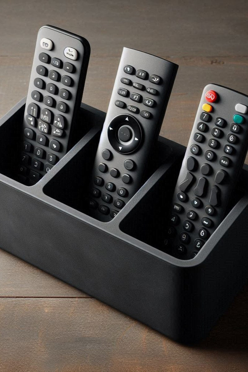 Minimalist remote control holder, clean lines and open design
