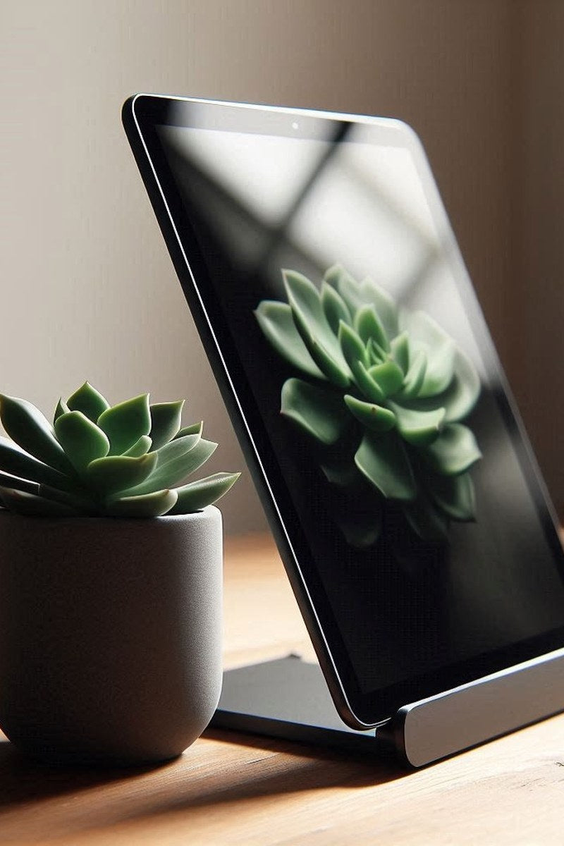 Minimalist tablet stand in white, side view showing geometric form and angle