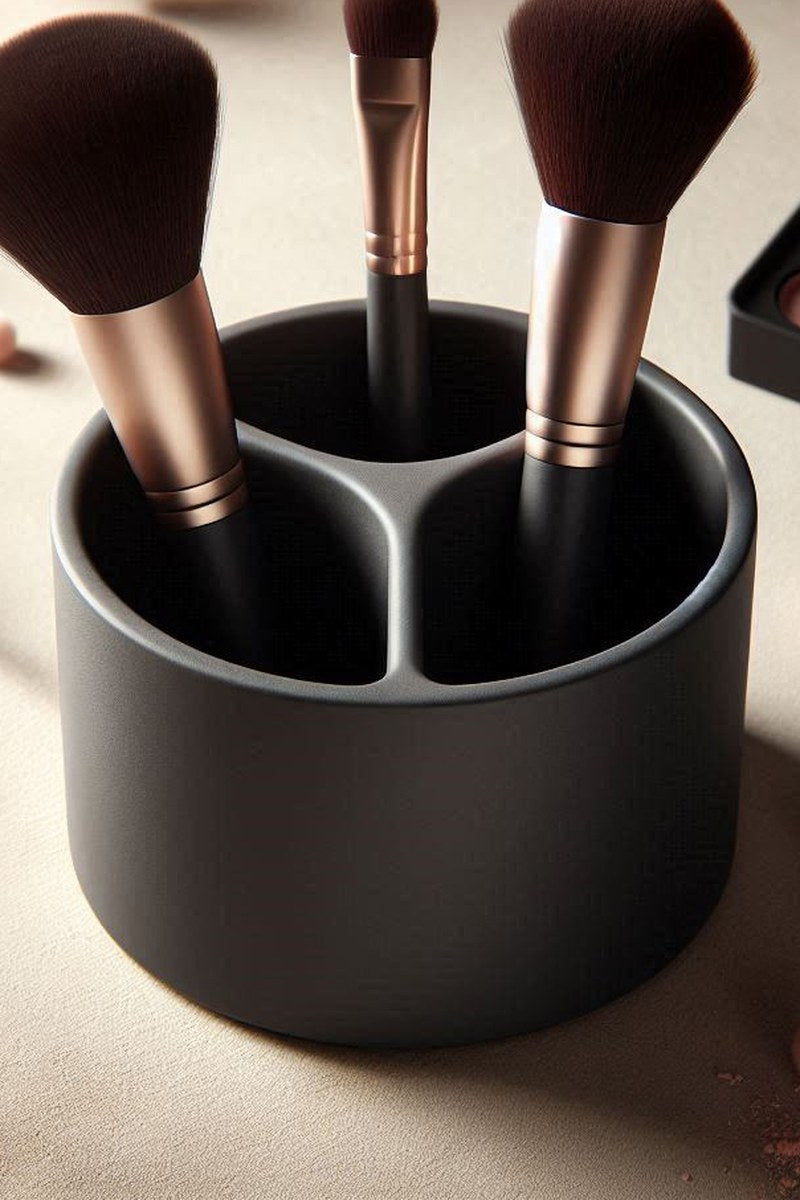 White minimalist makeup brush holder with brushes inside, clean cylindrical shape