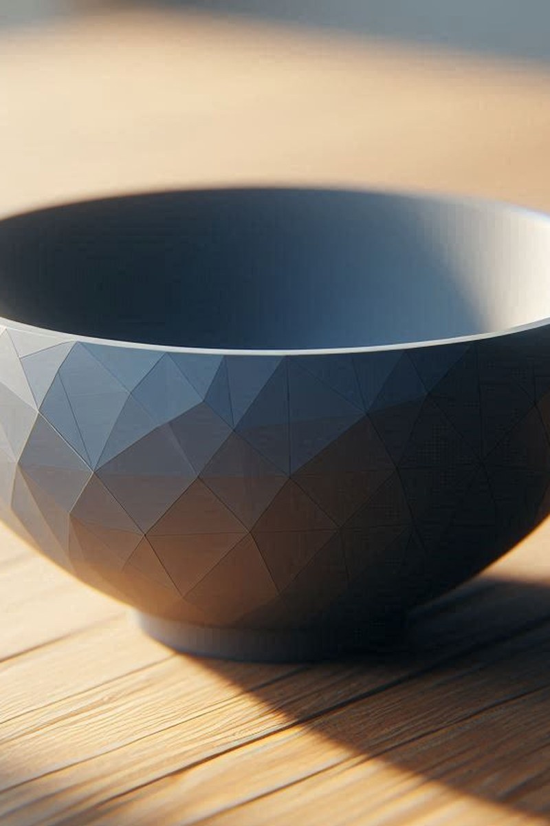 Close-up of low poly bowl showing geometric faceted surface and stand detail