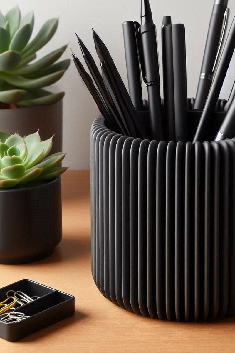 Close-up of ribbed pencil holder showing flat vertical texture and minimalist design