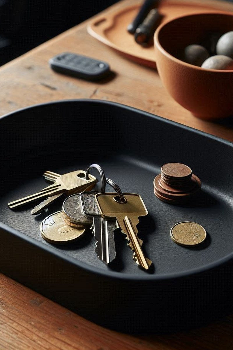 Overhead view of oval catch-all tray in natural light, showing its clean edges and curved form