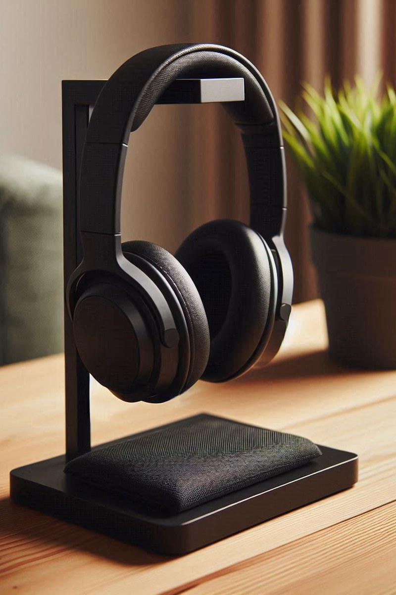 Minimalist headphone stand in neutral tone, close-up of curved cradle design