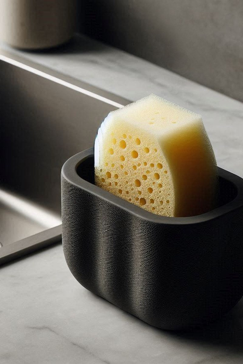 Fuzzy textured sponge holder with soft matte finish, pale neutral tone