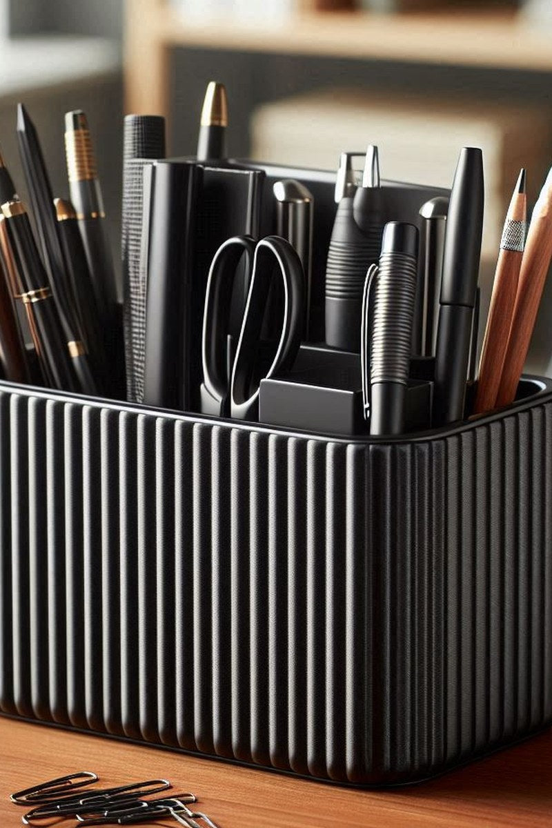 Close-up of ribbed desk organizer showing vertical texture and clean lines