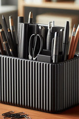 Close-up of ribbed desk organizer showing vertical texture and clean lines