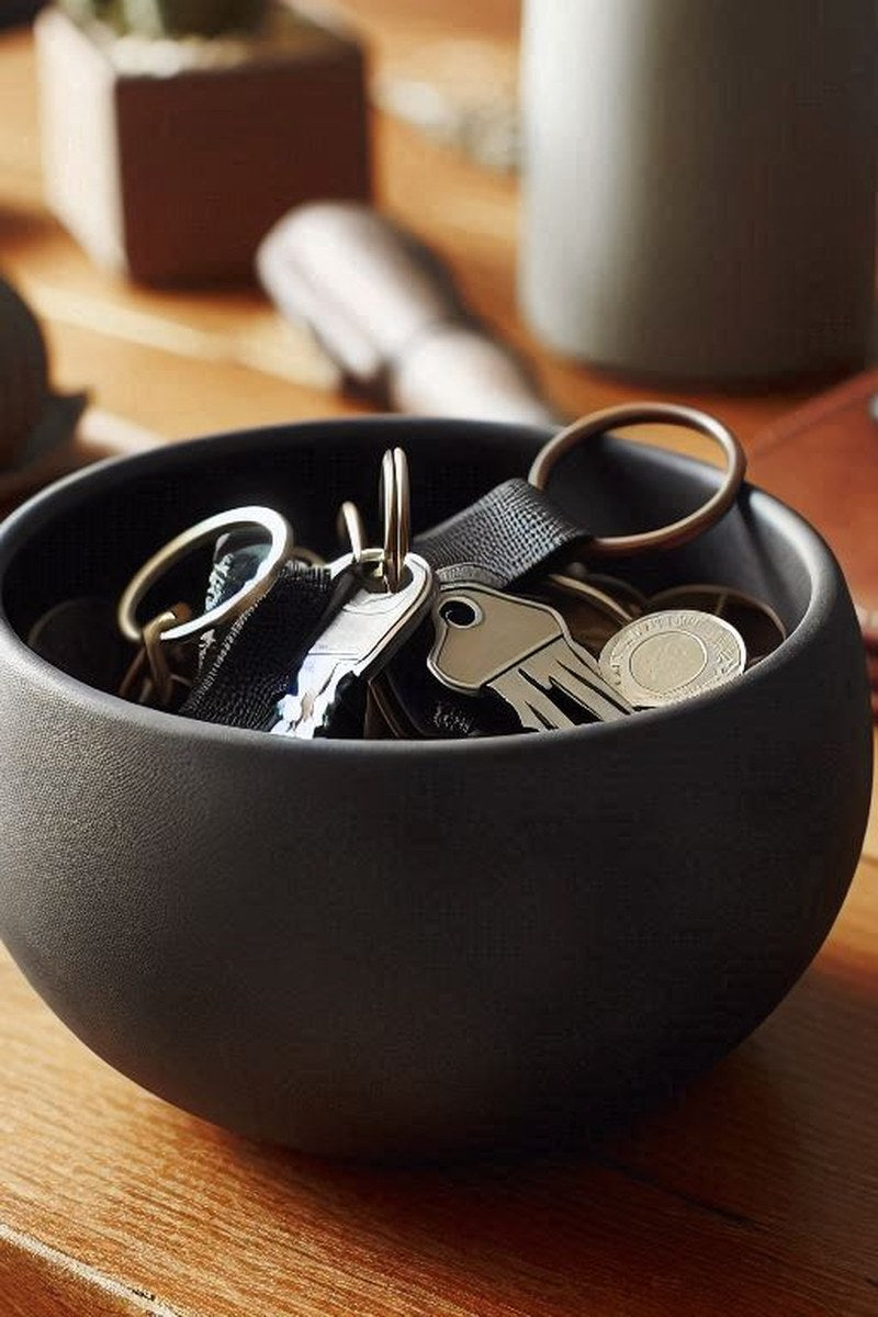 Overhead view of a minimalist key and coin bowl with smooth interior surface